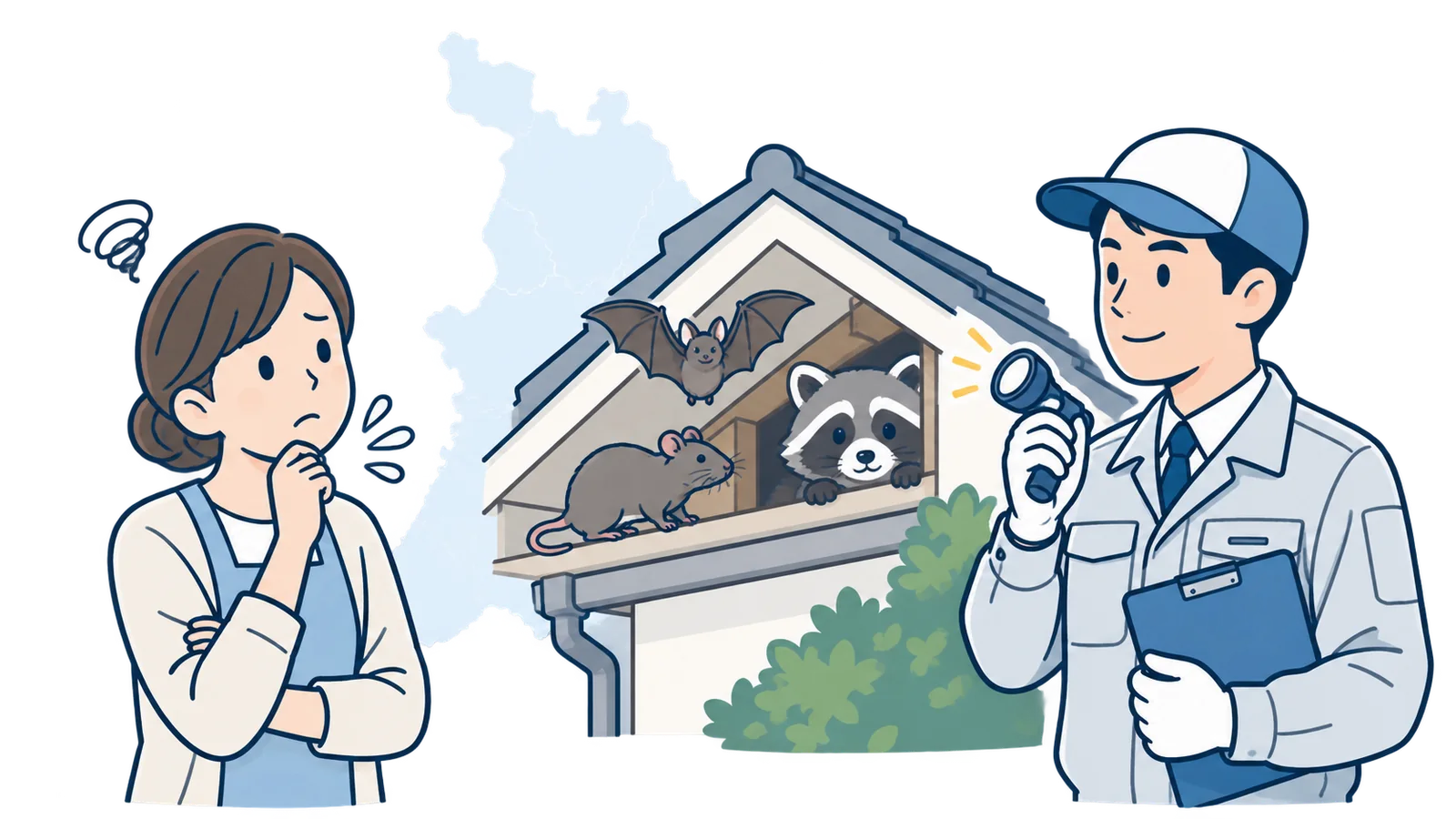 大阪で害獣に困っている人と害獣駆除業者スタッフのイラスト